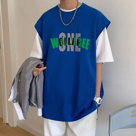 夏季男士背心纯棉健身坎肩宽松运动跨栏潮牌ins打底衫字母无袖t恤商品大图