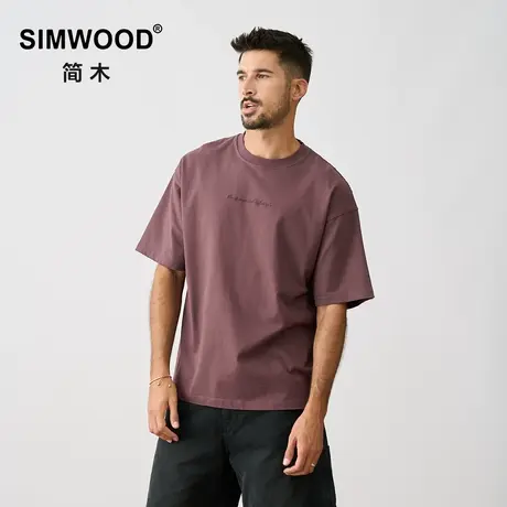 Simwood简木男装【超宽松版型】新款310g手工破洞绣花圆领短袖T恤图片