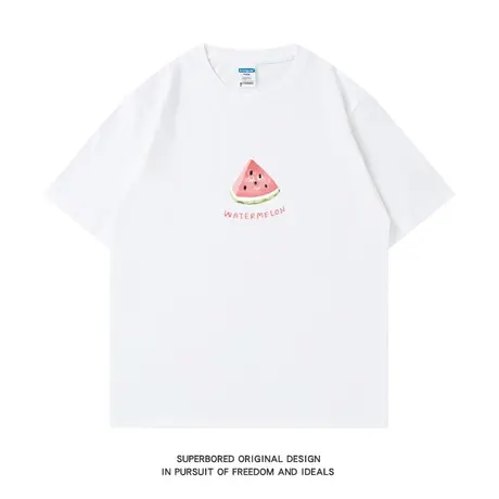夏季简约趣味西瓜印花纯棉短袖t恤男青少年宽松休闲半袖上衣体恤图片