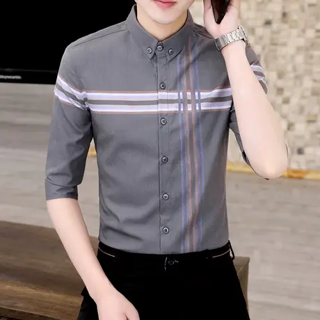 夏季男士薄款衬衫韩版帅气七分袖商务休闲短袖衬衣时尚中袖寸衫潮图片