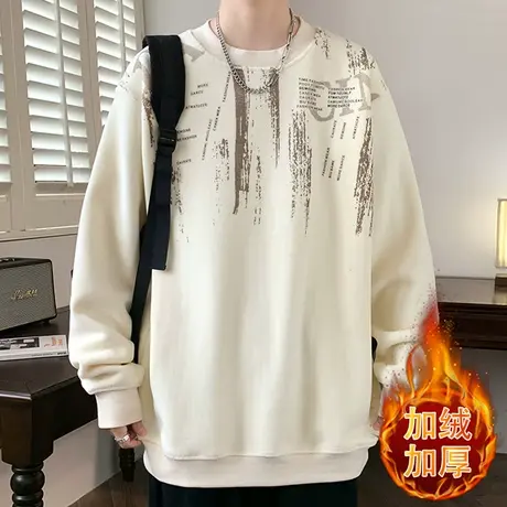 圆领卫衣男士秋冬季潮牌印花加绒加厚长袖t恤潮流保暖秋装上衣服商品大图