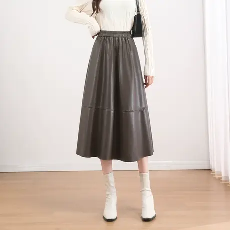 时尚百搭半身裙2023年秋冬女款通勤气质高级感松紧高腰中长皮裙图片