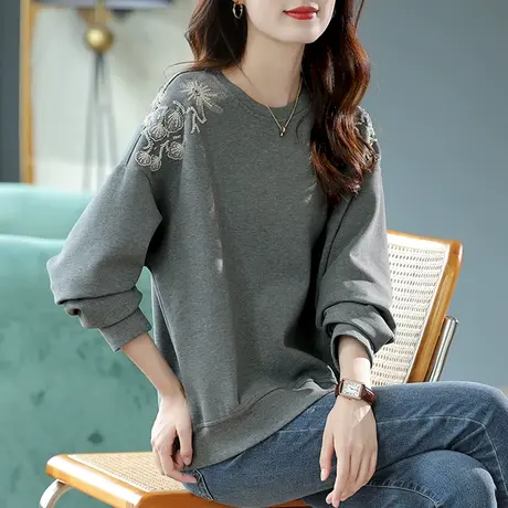 宝诗黎灰色圆领钉珠落肩卫衣2024春季新款长袖上衣宽松韩系女装图片