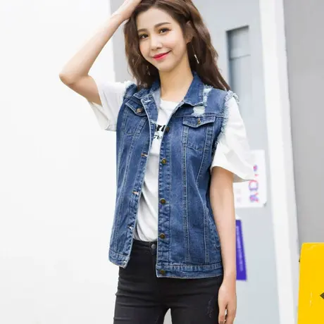 春秋韩版牛仔马甲女中长宽松新款大码无袖BF风背心毛边8003图片
