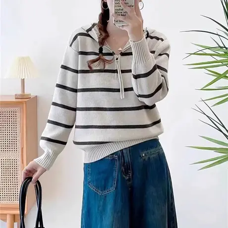 连帽毛衣女秋冬2023新款外穿宽松条纹半拉链加厚针织上衣女外套图片