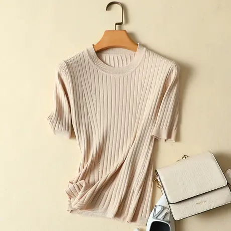 春夏新款韩范短款冰丝t恤女短袖圆领修身薄款针织打底衫女上衣商品大图