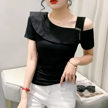 性感露肩女装夏季设计感荷叶边T恤短袖漏锁骨心机上衣百搭小衫ins商品大图