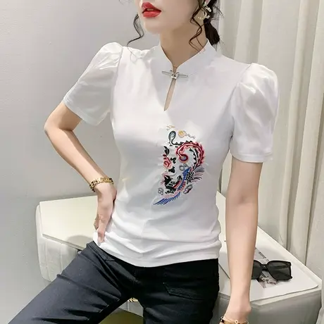 复古中式立领T恤女短袖气质个性刺绣上衣百搭显瘦小衫泡泡袖体恤商品大图