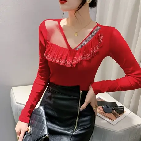 性感V领网纱长袖T恤女秋装2024新款内搭荷叶边打底衫时尚烫钻上衣图片