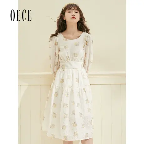 Oece法式碎花复古温柔长袖连衣裙春秋裙子图片