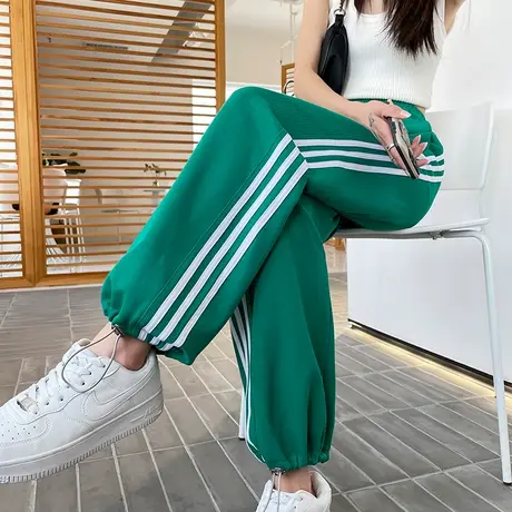断码清仓绿色运动裤女春秋新款直筒小个子宽松束脚三道杠阔腿卫裤商品大图