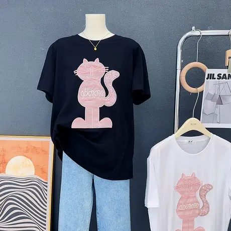 重工镶钻亮片钉珠短袖上衣~2023夏款韩版洋气宽松T恤欧货潮遮肚子商品大图