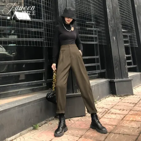 哈伦裤女高腰显瘦春秋港风复古英伦风宽松休闲烟管卷边九分西装裤商品大图