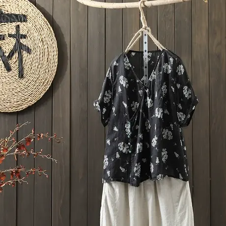 枫谜2021年夏季新款文艺复古斜肩盘扣棉麻短袖衬衫女宽松印花衬衣商品大图