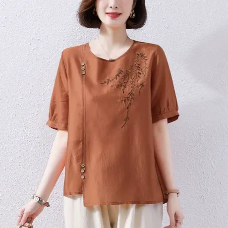 妈妈夏装短袖T恤女新款加大码女装宽松中老年休闲刺绣遮肚子上衣图片