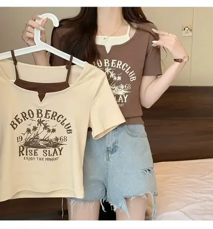 大码女装夏季显瘦上衣时尚洋气设计感小众假两件印花正肩短袖t恤商品大图
