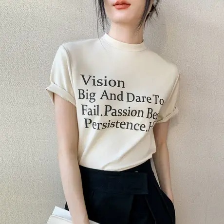 小圆领短袖T恤女夏季修身显瘦美式复古风字母打底衫百搭宽松上衣图片