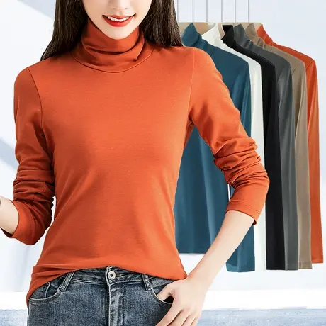 橙橘桔色堆堆高翻领打底衫女内搭高弹修身薄款单件可外穿秋衣上衣商品大图