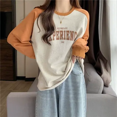 美式复古插肩袖圆领卫衣女2023春秋季新款薄款撞色拼接套头上衣潮商品大图