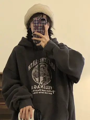 设计感潮牌卫衣oversize宽松连帽外套ins大码加绒秋冬闺蜜装帽衫商品大图