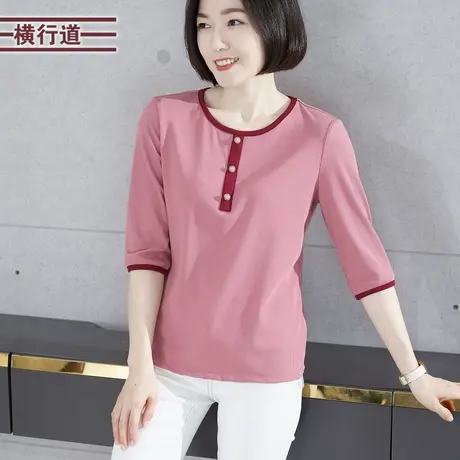 圆领撞色宽松中袖坑条纯色韩版大码妈妈2025新款春装T恤五分袖女商品大图
