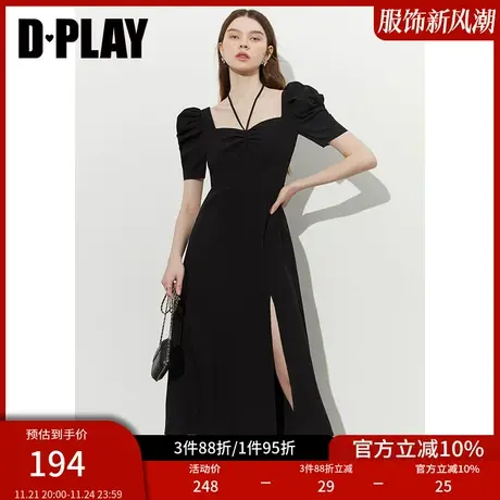 DPLAY夏新经典黑赫本宫廷风立体抽褶羊腿袖高腰开衩连衣裙图片