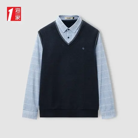 海一家保暖加绒套头衫2023冬季新款简约舒适休闲双领针织衫男商品大图