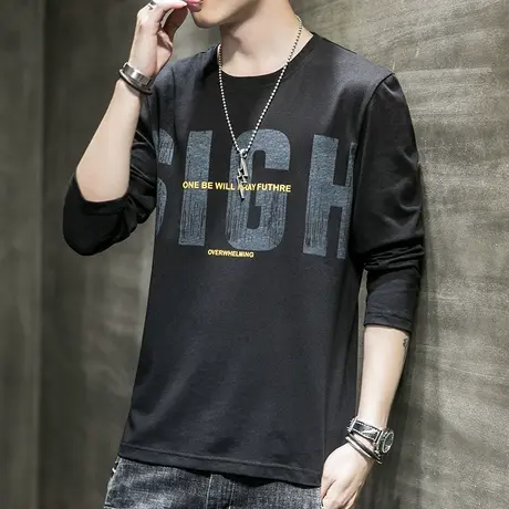 春天男士纯棉痞帅印花运动体恤春季黑色圆领T恤春秋款长袖上衣服商品大图