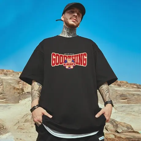 2025高街潮牌宽松T恤字母短袖男加肥加大五分袖纯棉大码男装夏季商品大图