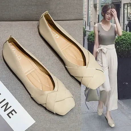 单鞋女2023新款时尚豆豆鞋女平底鞋浅口包头气质百搭简约夏季仙女图片