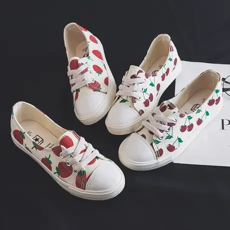 浅口帆布鞋女2023春夏季新款板鞋韩版草莓鞋樱桃手绘女鞋学生布鞋图片