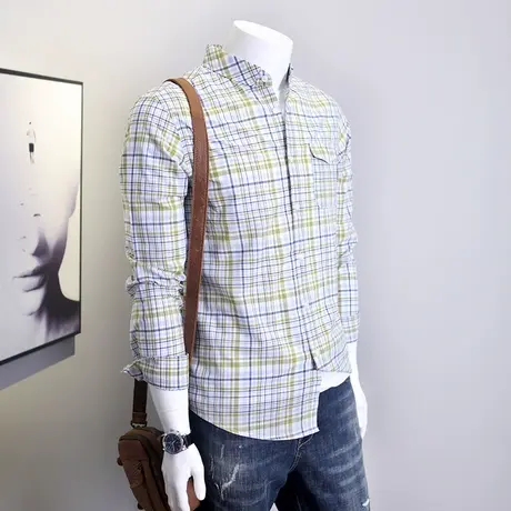 格慕施男士纯棉休闲格子长袖衬衫薄款加肥大码宽松潮流衬衣商品大图