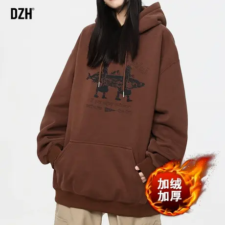 情侣冬季加绒卫衣男潮牌美式复古连帽外套男士加厚保暖美拉德上衣商品大图