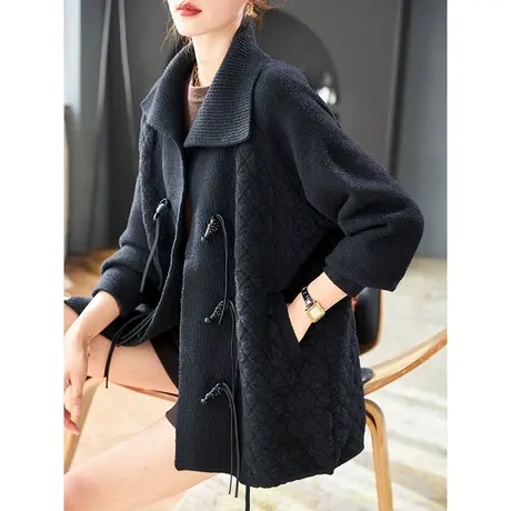 宝诗黎翻领拼接盘扣针织开衫上衣女2024春季新款宽松休闲时尚外套图片