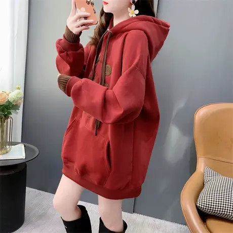 刺绣卡通加绒加厚连帽卫衣女中长款2023年新款秋冬宽松设计感外套商品大图