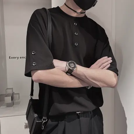 夏季男士t恤短袖宽松半袖潮流INS纯色五分袖排扣设计小占体恤商品大图