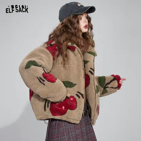 妖精的口袋短款立领加厚棉服女2023冬季新款仿羊羔毛樱桃提花棉衣商品大图