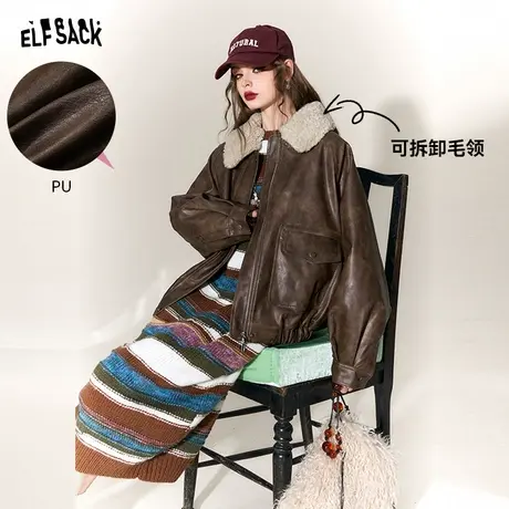 妖精的口袋美拉德复古皮衣女2023冬季新款压花设计感加厚保暖棉服商品大图