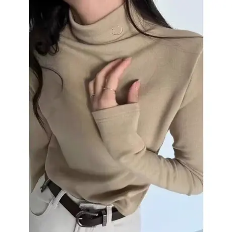 法式磨毛德绒半高领打底衫女秋冬保暖修身T恤内搭长袖上衣刺绣潮商品大图