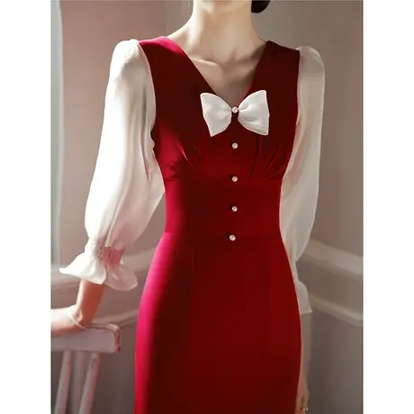 红色礼服敬酒服新娘2023新款夏季结婚平时可穿鱼尾小个子订婚回门图片