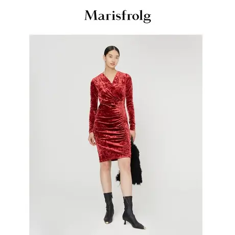 【商场同款】玛丝菲尔春季新款长袖V领红色丝绒连衣裙礼服图片