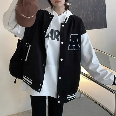 唐狮棒球服外套女黑色秋冬新款美式pu皮拼接春秋季小个子休闲上衣图片