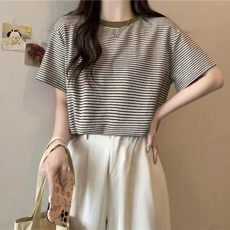韩版洋气时髦短袖T恤女早春夏装宽松打底衫纯棉撞色条纹半袖上衣商品大图