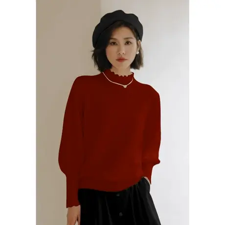 弥古红色半高领毛衣女秋冬内搭泡泡袖打底针织衫春秋安可拉红上衣商品大图