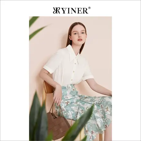 YINER音儿女装夏含桑蚕丝米白色衬衫复古POLO领上衣商品大图
