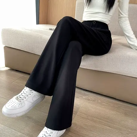 黑色微喇西装裤女春秋修身窄版马蹄裤高腰弹力显瘦小个子拖地西裤图片