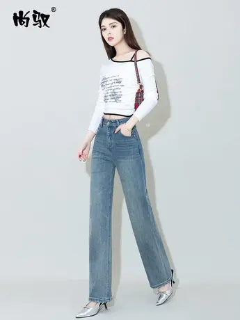 蓝色弹力高腰牛仔直筒裤2024年春季新款显高显瘦拖地裤百搭女裤子图片