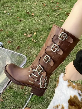 皮带扣粗跟棕色马丁靴女春夏复古不过膝长筒靴西部靴子骑士时装靴图片