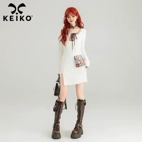 KEIKO 异域风提花白色连衣裙24春夏甜辣妹露锁骨方领包臀短裙子商品大图