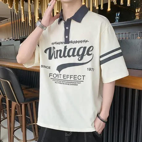 秋季立领polo衫男港风潮流纯棉休闲印花长袖t恤男装秋衣潮牌上衣商品大图